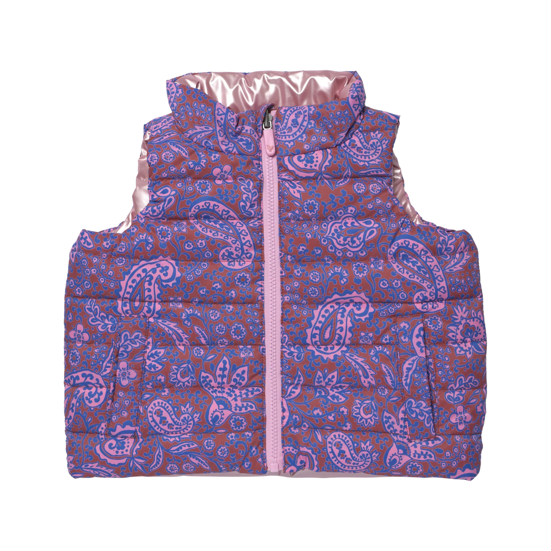 Girls Reversible Riley Vest Purple Paisley Vines with pink and blue paisley print and front pockets