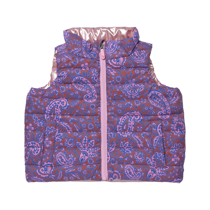 Girls Reversible Riley Vest Purple Paisley Vines with pink and blue paisley print and front pockets
