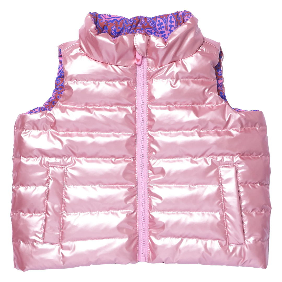 Girls Reversible Riley Vest Purple Paisley Vines showing the shiny pink quilted reverse side