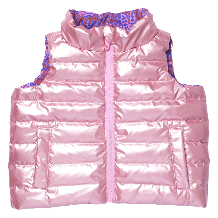 Girls Reversible Riley Vest Purple Paisley Vines showing the shiny pink quilted reverse side