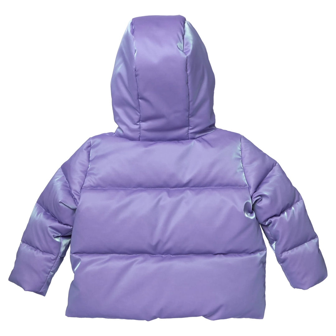 Back view of Girls Ruffle Pete Puffer in lavender with quilted puffer design and hood