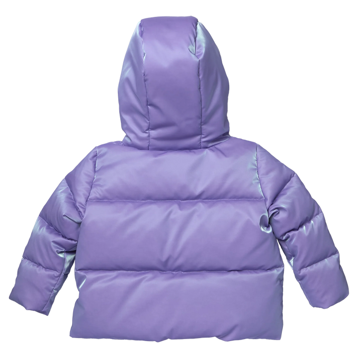Back view of Girls Ruffle Pete Puffer in lavender with quilted puffer design and hood