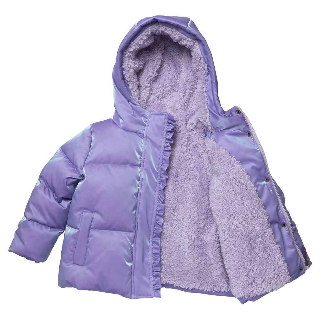 Girls Lavender Ruffle Pete Puffer opened to show soft plush lining and lined hood