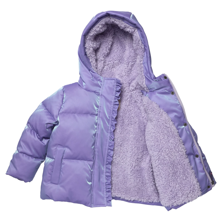 Girls Lavender Ruffle Pete Puffer opened to show soft plush lining and lined hood