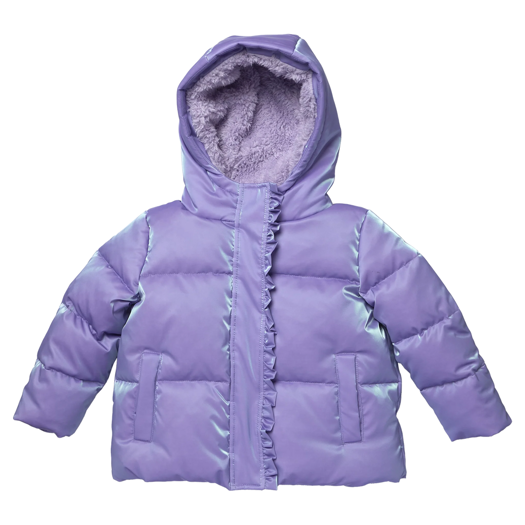 Girls Ruffle Pete Puffer in lavender with hood, cozy lining, and ruffle front detail