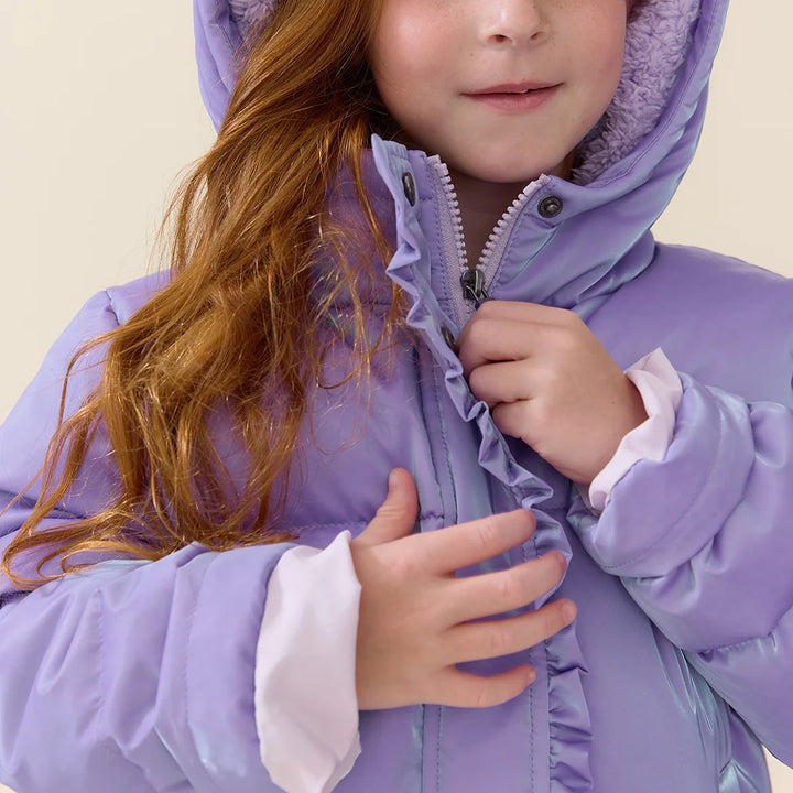 Close-up of Girls Ruffle Pete Puffer in lavender showing ruffle trim, hood, and front closure