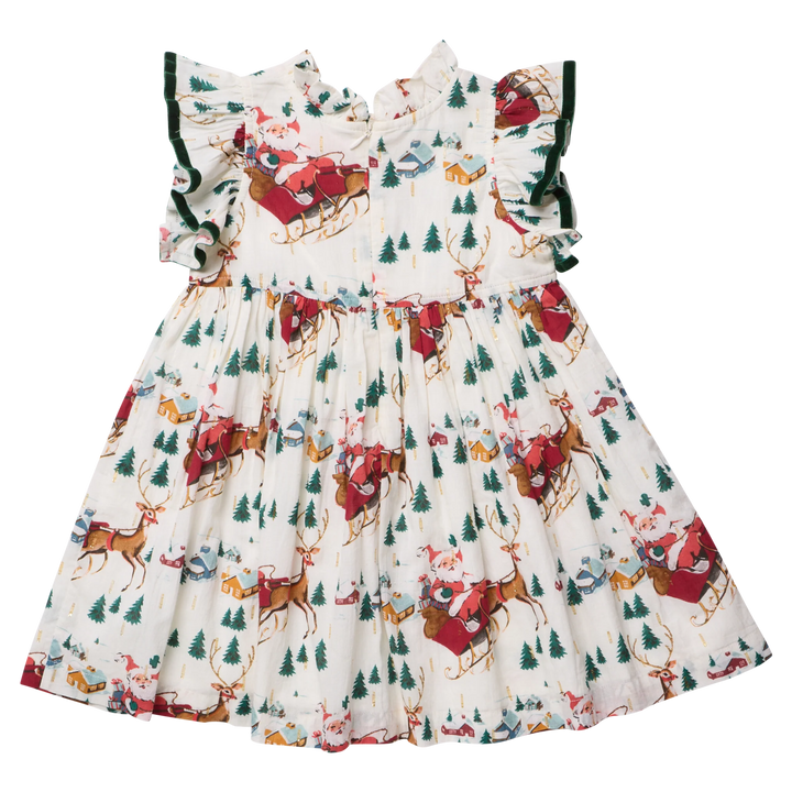 Back view of Pink Chicken Girls Santa Sleigh Christmas Dress featuring a gathered skirt, flutter sleeves, and festive Christmas print