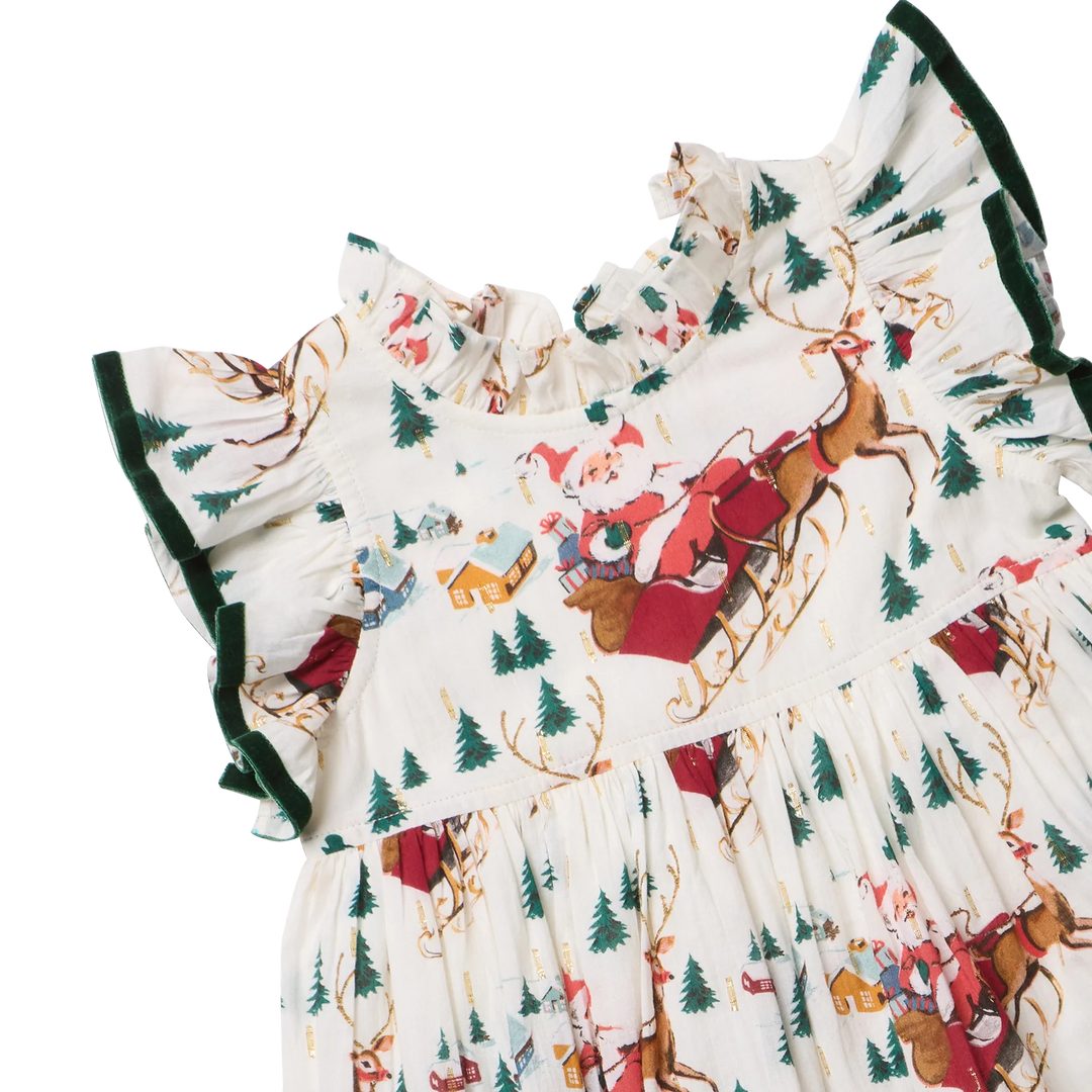 Close-up of Pink Chicken Santa Sleigh Dress showing Santa and reindeer print, ruffled neckline, and green velvet-trimmed sleeves