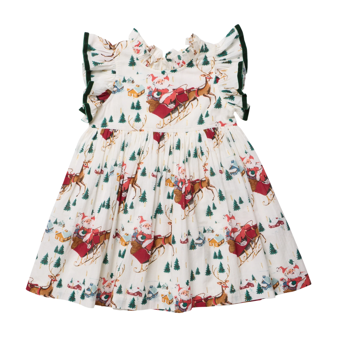 Pink Chicken Girls Santa Sleigh Christmas Dress featuring festive Santa and reindeer print, flutter sleeves, and green velvet trim