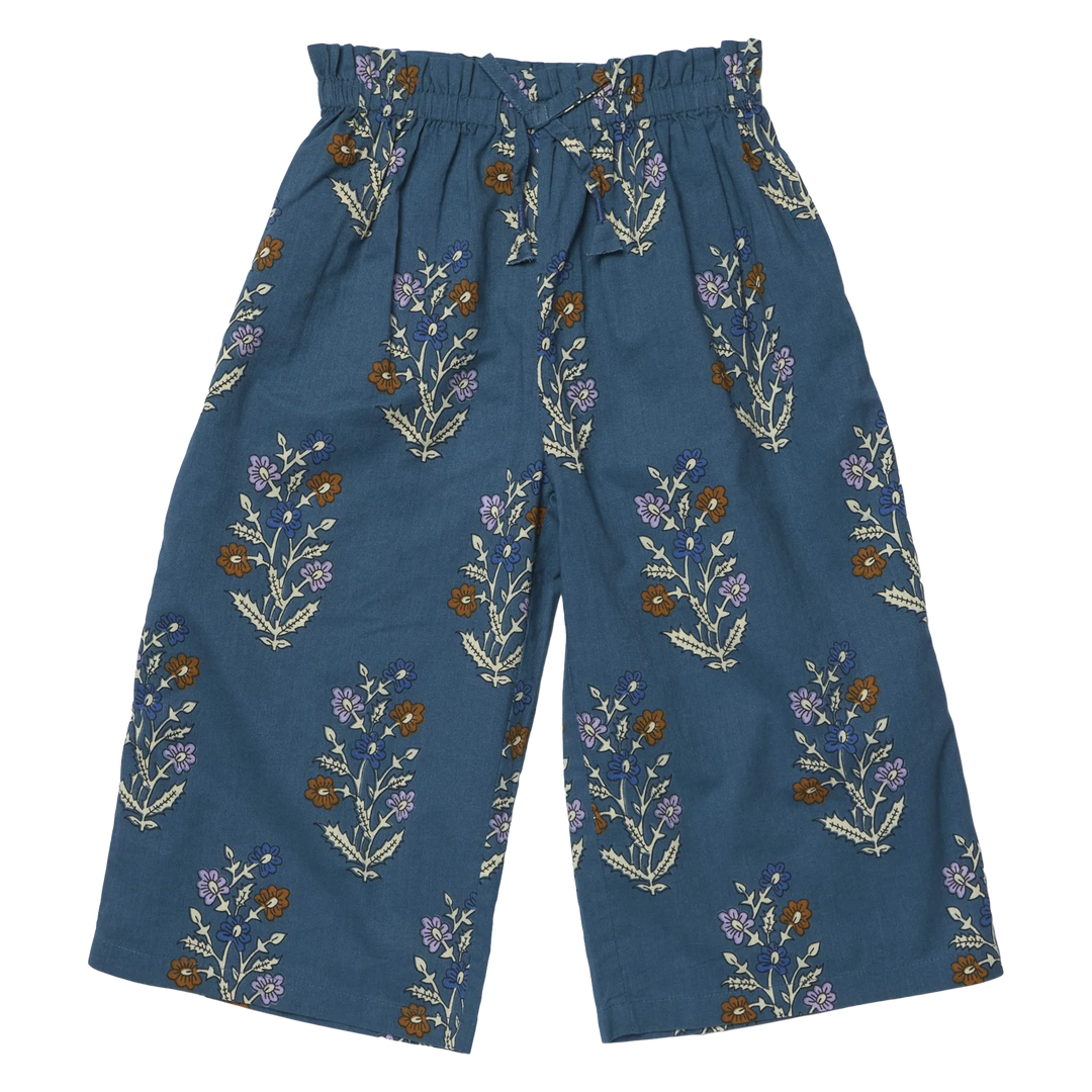 Girls Theodore Pant in Balsam Dewdrop blue floral print with wide leg and tie waist