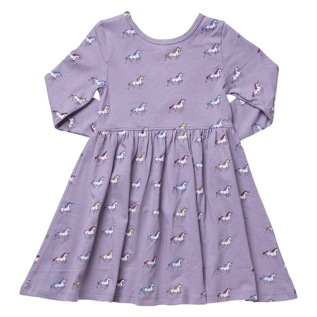 Back view of girls lavender long sleeve dress featuring colorful all-over unicorn print and gathered waist