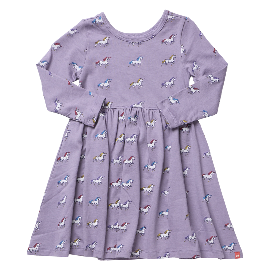 Girls lavender unicorn dress with colorful all-over unicorn print, long sleeves and gathered skirt