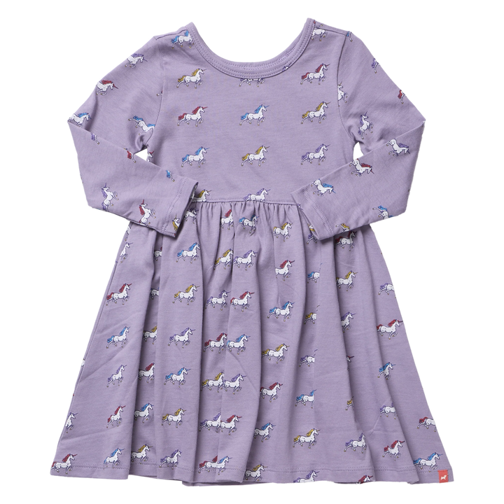Girls lavender unicorn dress with colorful all-over unicorn print, long sleeves and gathered skirt