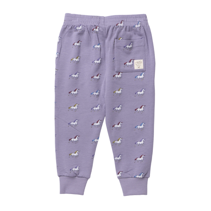 Back view of girls lavender unicorn jogger pants featuring colorful unicorn print, back patch pocket and ribbed cuffs