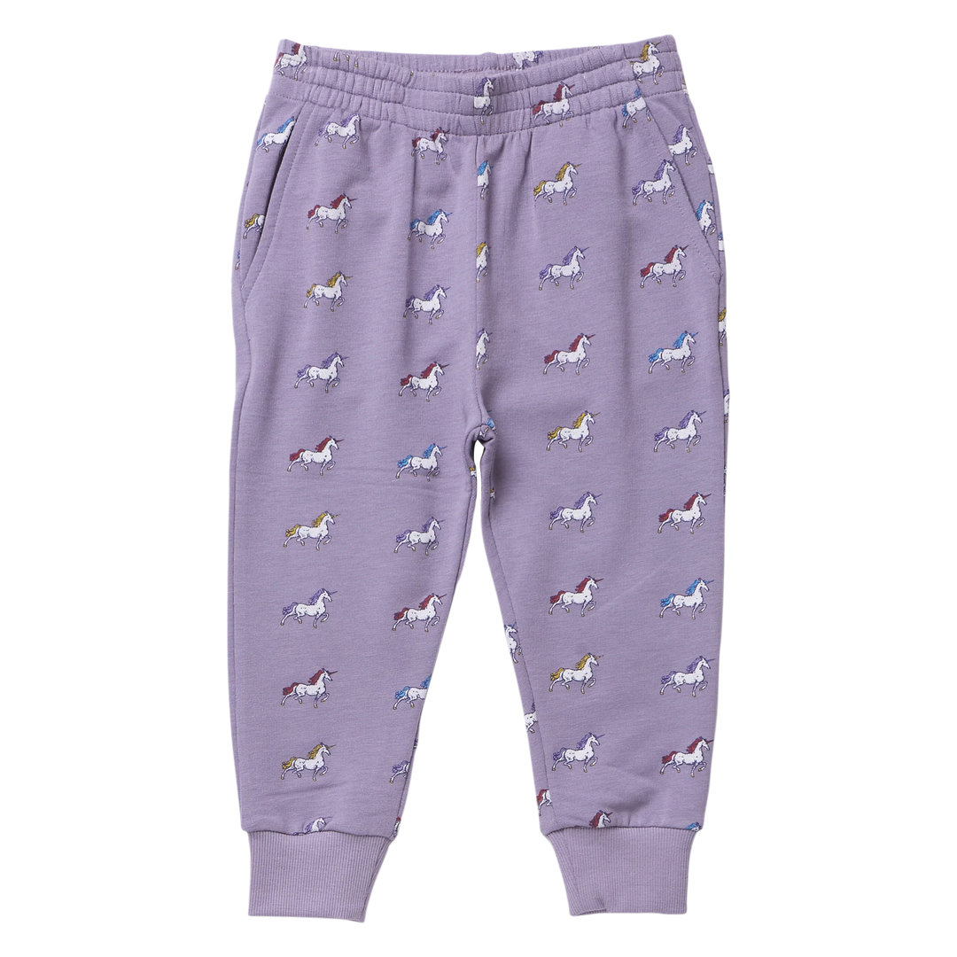 Girls lavender unicorn jogger pants featuring colorful unicorn print, elastic waistband, side pockets and ribbed ankle cuffs