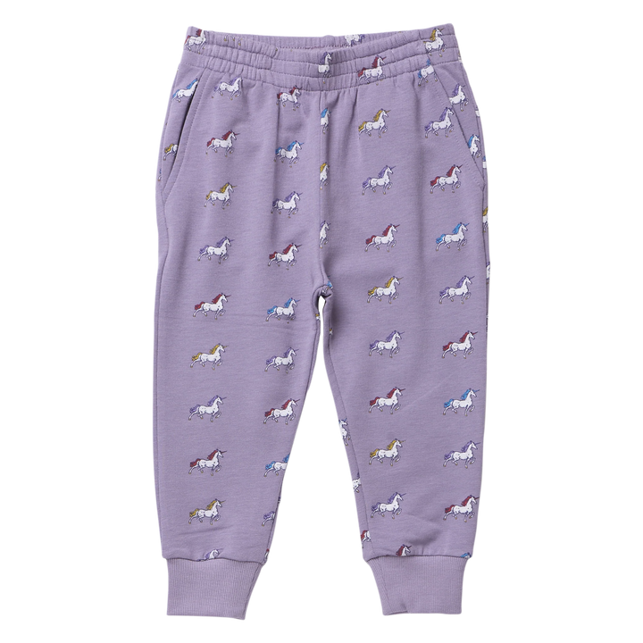 Girls lavender unicorn jogger pants featuring colorful unicorn print, elastic waistband, side pockets and ribbed ankle cuffs