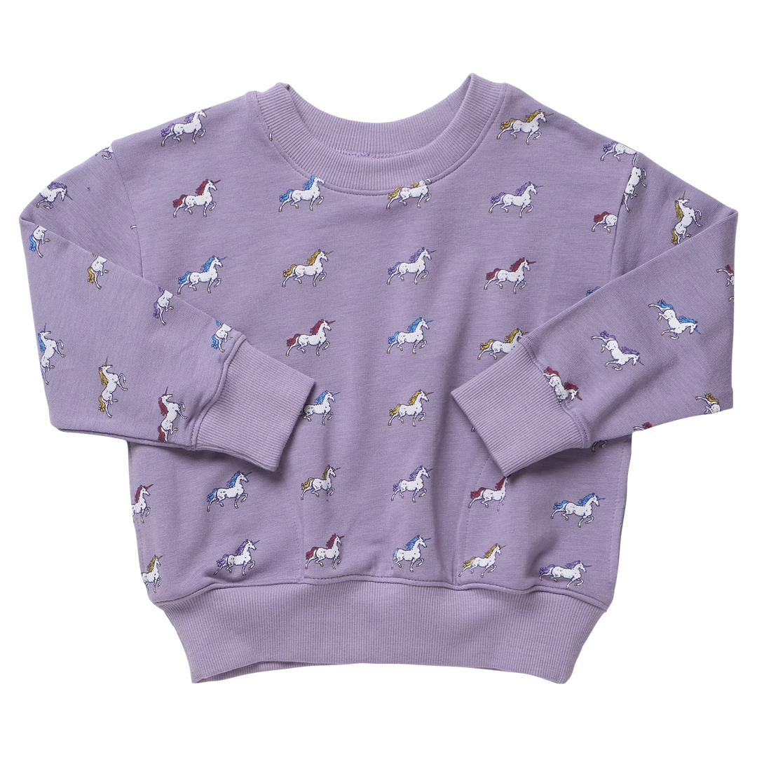 Girls lavender unicorn sweatshirt featuring colorful unicorn print, long sleeves, crew neckline and ribbed cuffs and hem