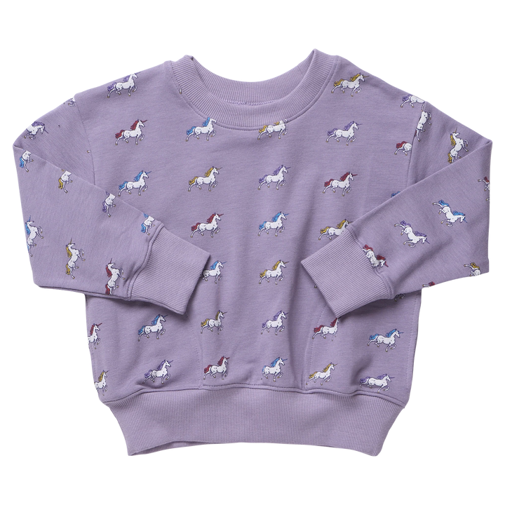 Girls lavender unicorn sweatshirt featuring colorful unicorn print, long sleeves, crew neckline and ribbed cuffs and hem