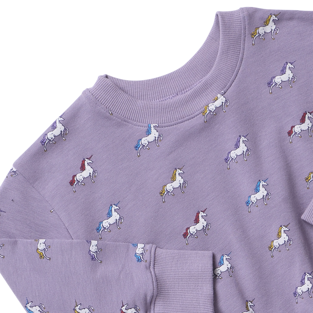 Close-up of girls lavender unicorn sweatshirt showing colorful horse and unicorn print with ribbed crew neckline