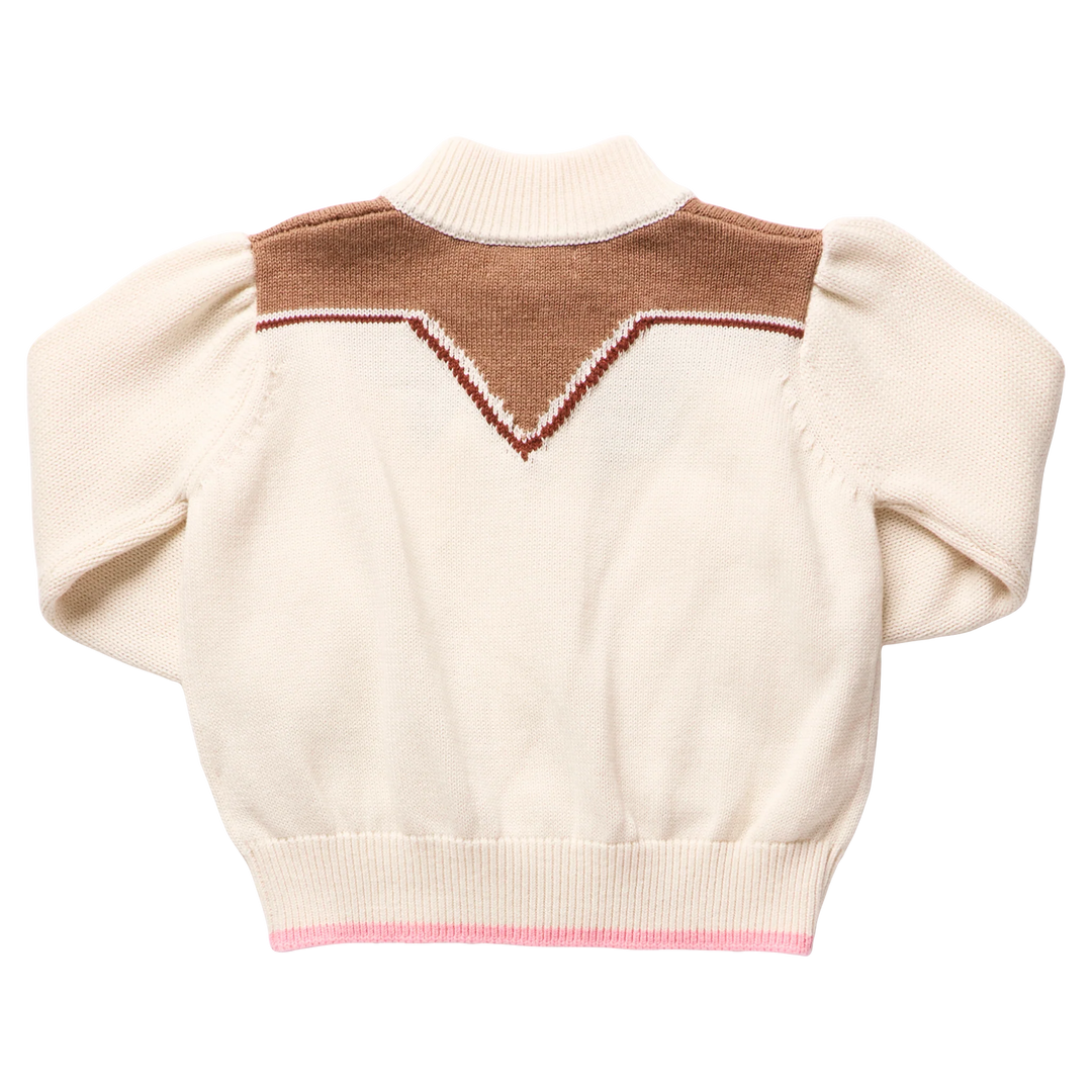 Back view of Girls Western Sweater in cream with brown western yoke design and pink hem trim