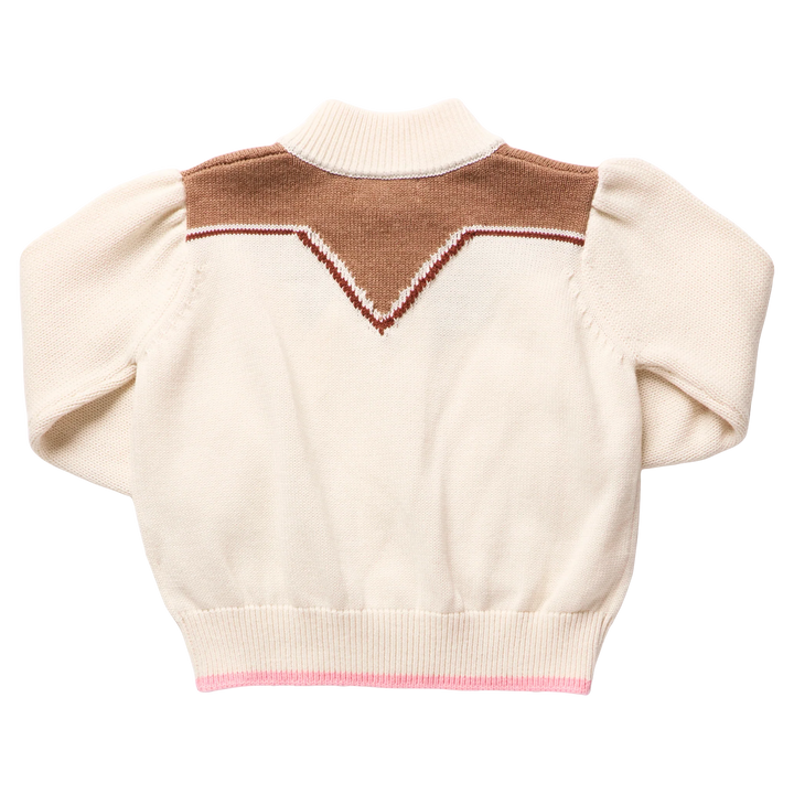 Back view of Girls Western Sweater in cream with brown western yoke design and pink hem trim