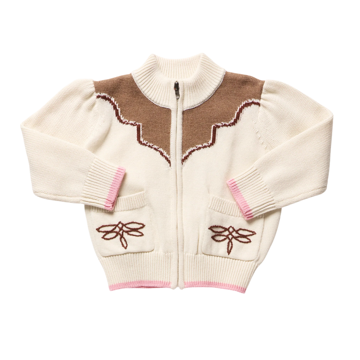Girls Western Sweater in cream and brown with full zip front, embroidered pockets and pink trim