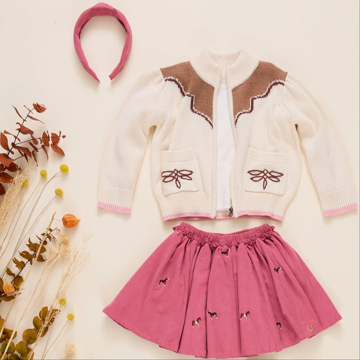 Girls Western Sweater styled with pink horse embroidered skirt and matching headband for a fall outfit