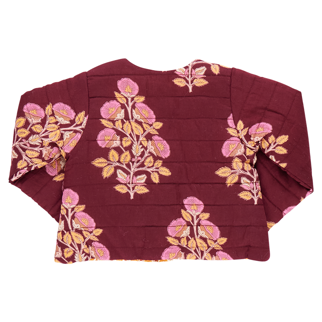Girls Reversible Quilted Jacket - Burgundy Bouquet Floral