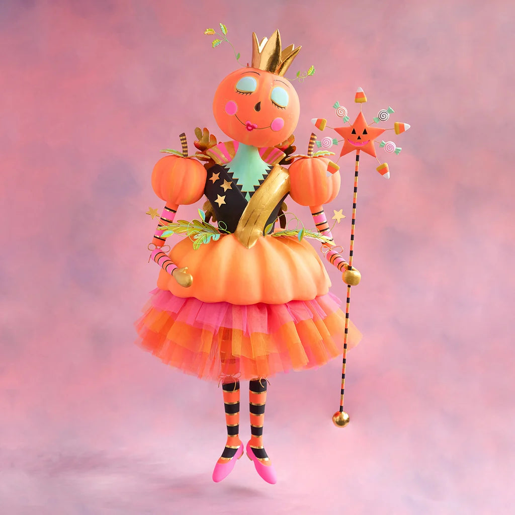 Glitterville Fairy Gourdmother Halloween large display featuring a pumpkin fairy with a gold crown, orange and pink layered skirt, striped stockings, and a candy-inspired wand.