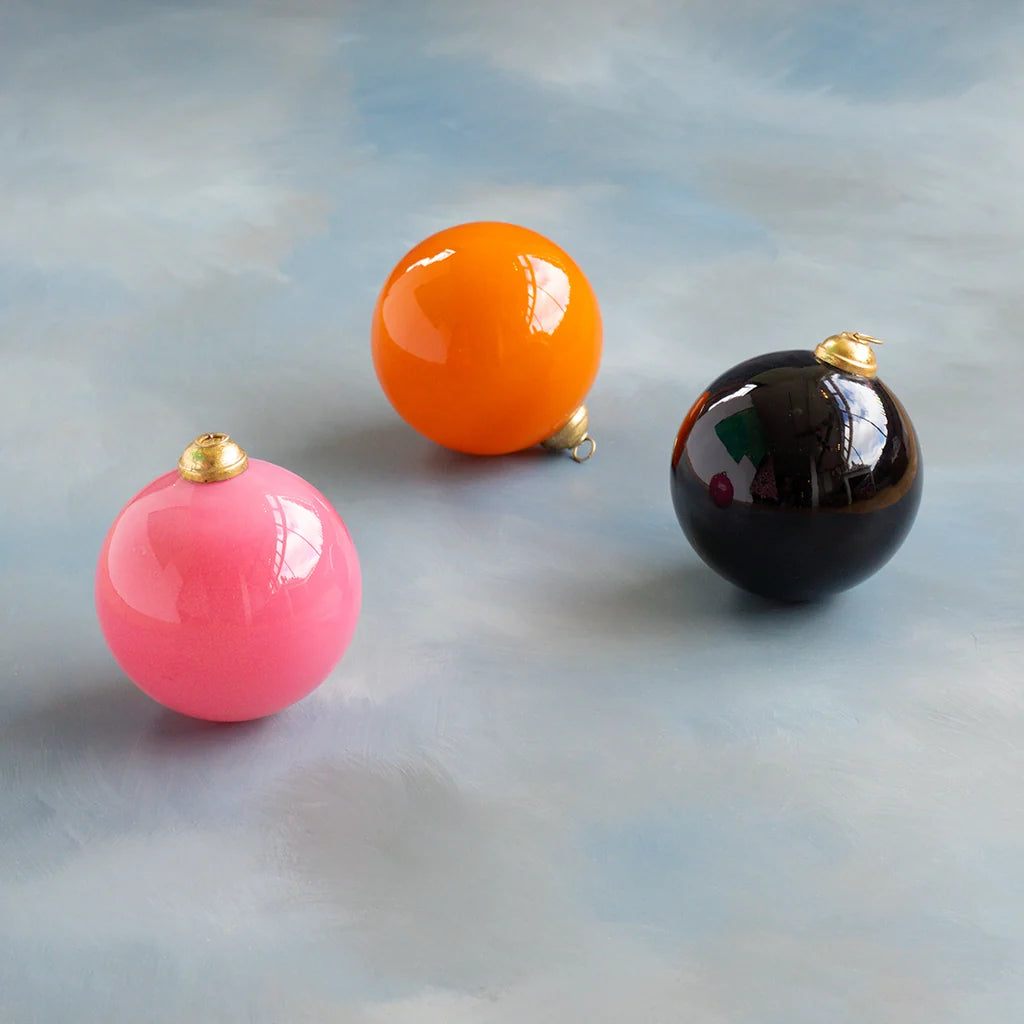 Glitterville Halloween ball small ornament set featuring glossy pink, orange, and black round ornaments with metallic gold caps, perfect for creating a colorful, playful Halloween tree or festive seasonal display.