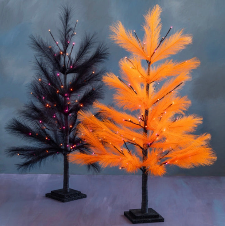 Glitterville Halloween small fluffy tree set featuring one black and one orange feathered tabletop tree with colorful twinkling lights on black bases.