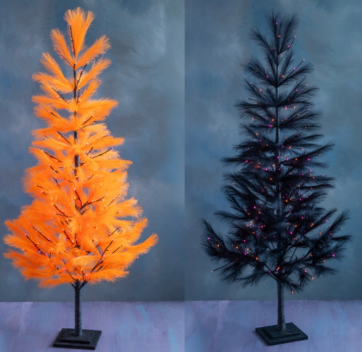 Glitterville Halloween large fluffy tree set featuring one black and one orange feathered tabletop tree with colorful twinkling lights on black bases.