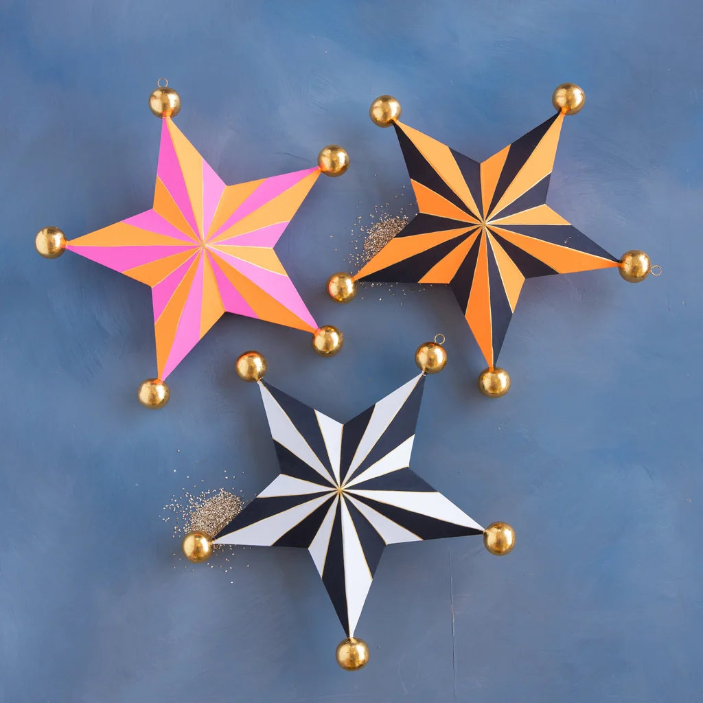 Glitterville Halloween Stripe Star Set small size featuring orange and black, black and white, and pink and orange striped stars with gold ball accents.