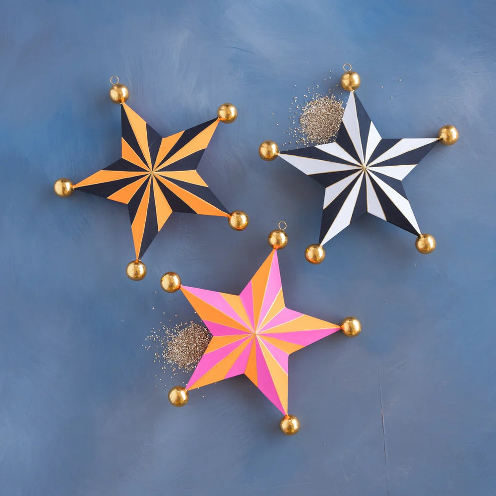 Glitterville Halloween Stripe Star Set small size featuring orange and black, black and white, and pink and orange striped stars with gold ball accents.