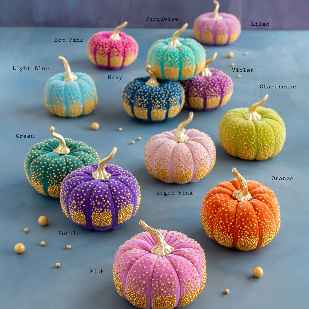 Glitterville's set luster lux velvet multicolor pumpkin with gold beads all labeled by color. Multiple shades of pink, blue, and green pumpkins.