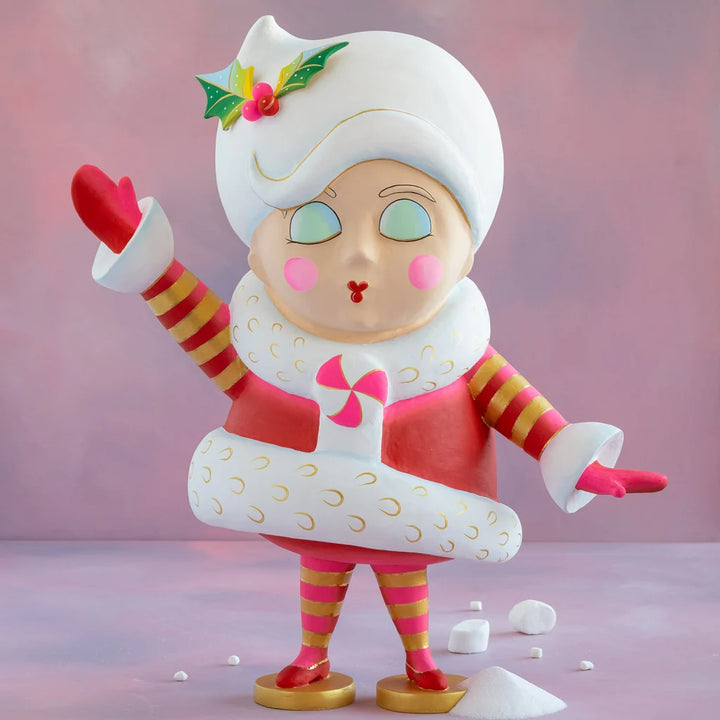Glitterville Madame Noel tabletop Christmas figure, slightly larger size, featuring a cartoon-style design with a red and white holiday outfit, gold accents, red shoes, and festive holly-trimmed white hair.