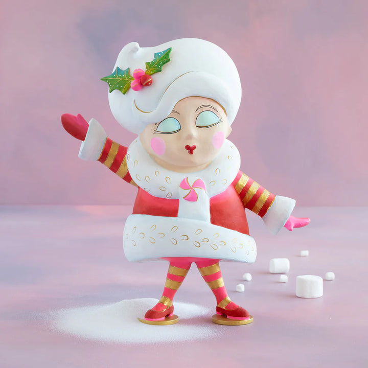 Glitterville Mini Madame Noel tabletop Christmas figure wearing a red and white holiday outfit with gold accents, red shoes, and a festive holly-trimmed white hairstyle.