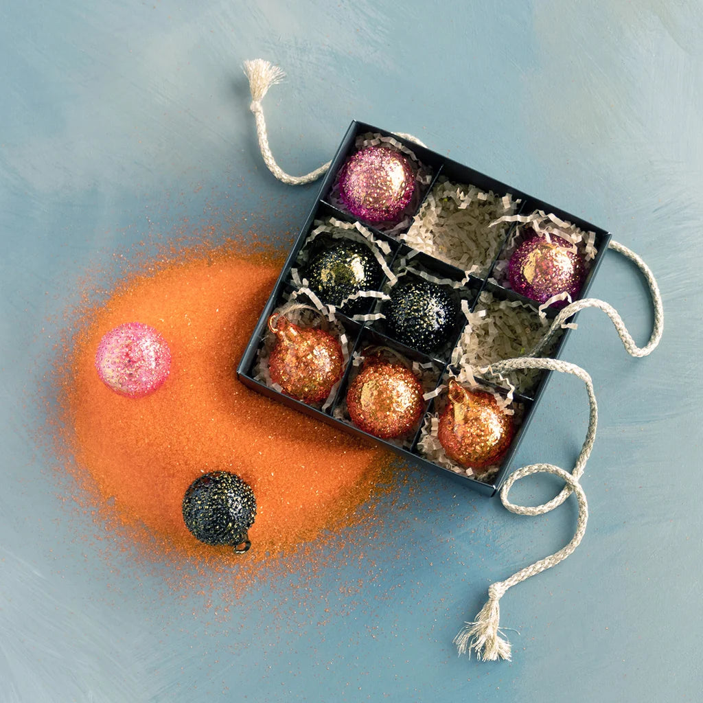 Glitterville Spooky Sparkle Halloween ball ornament gift box set featuring glittery pink, black, and orange ornaments beautifully packaged in a decorative gift box, perfect for Halloween tree decorating, seasonal gifting, and festive holiday displays.