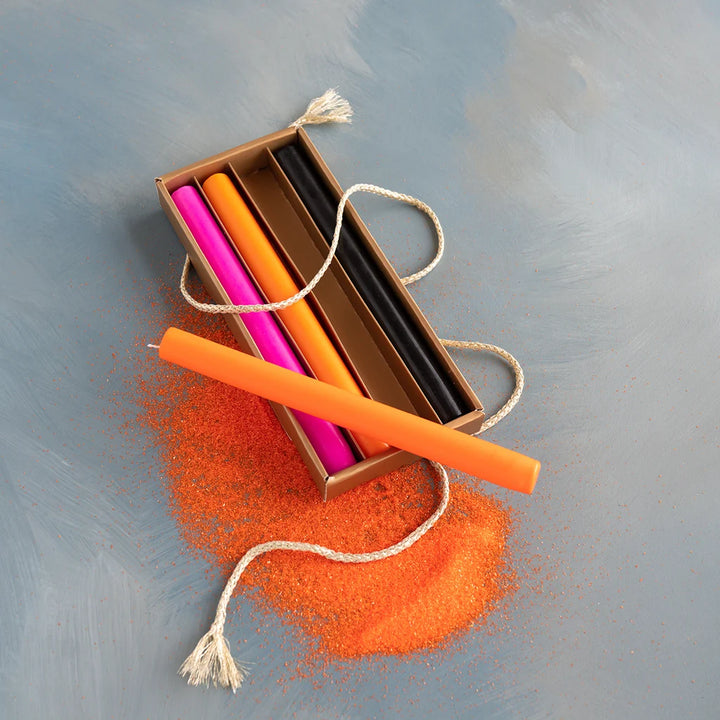 Glitterville Trick or Sweet Halloween taper candle boxed set featuring pink, orange, and black taper candles in a decorative gift box, perfect for festive Halloween entertaining and seasonal décor.