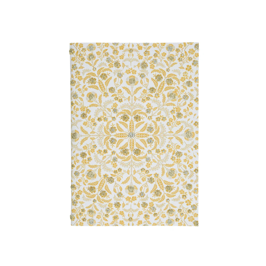 Elegant ivory journal featuring an intricate gold and silver floral pattern, ideal for a wedding guest book, keepsake journal, or special occasion.