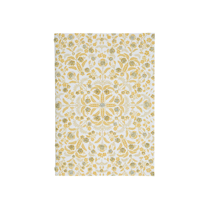 Elegant ivory journal featuring an intricate gold and silver floral pattern, ideal for a wedding guest book, keepsake journal, or special occasion.
