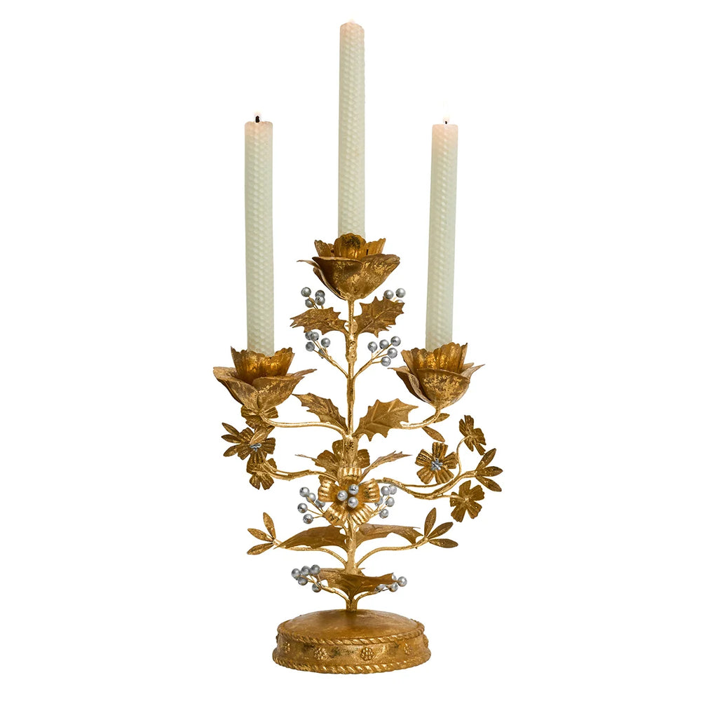 Gold Holly 3-Light Candelabra with three white taper candles and decorative gold leaves, flowers and silver berry accents