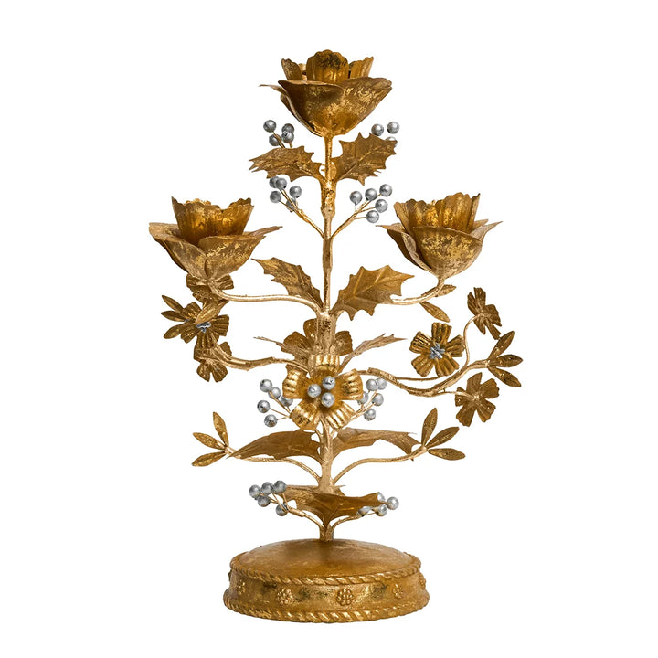 Gold Holly 3-Light Candelabra featuring three taper candle holders, ornate gold florals, holly leaves and silver berries