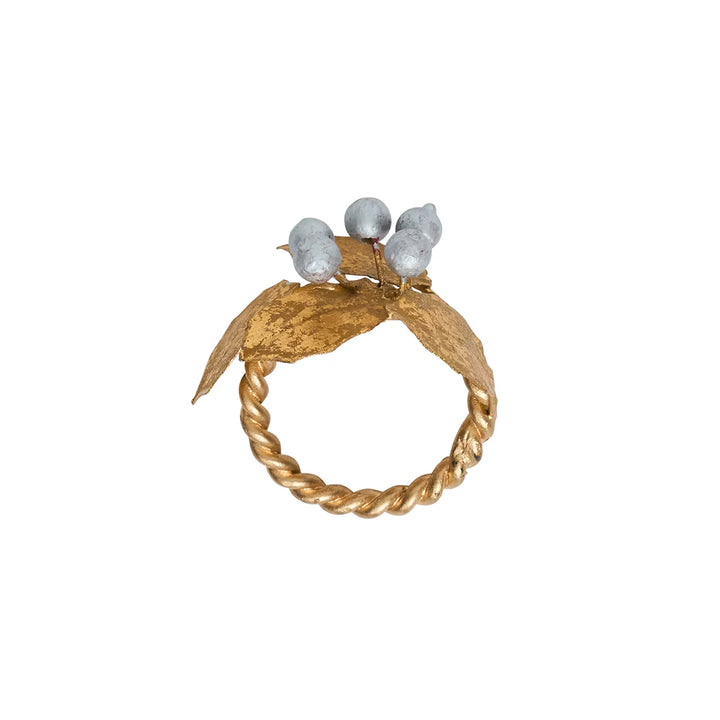Individual Gold Holly Napkin Ring with twisted gold ring, textured holly leaves and decorative silver berries