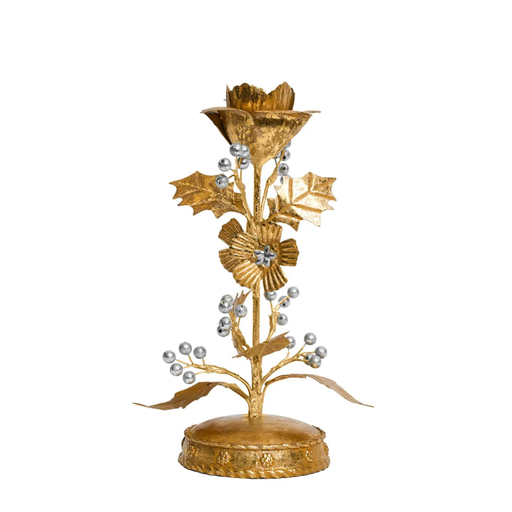 Gold Holly Taper Candle Holder featuring metallic gold leaves, floral accents, silver berries and decorative round base