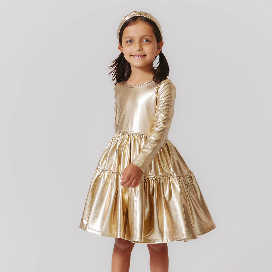 Girls Lame Polly Dress - Gold