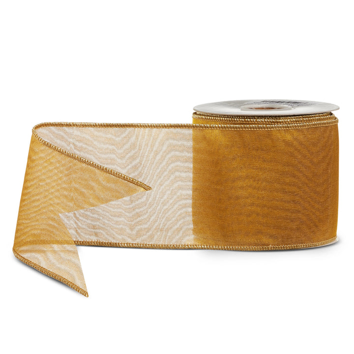 Gold sheer wired ribbon with a delicate translucent design, 4 inches wide and 10 yards long, perfect for Christmas trees, wreaths, garlands, gift wrapping, bows, and holiday décor.