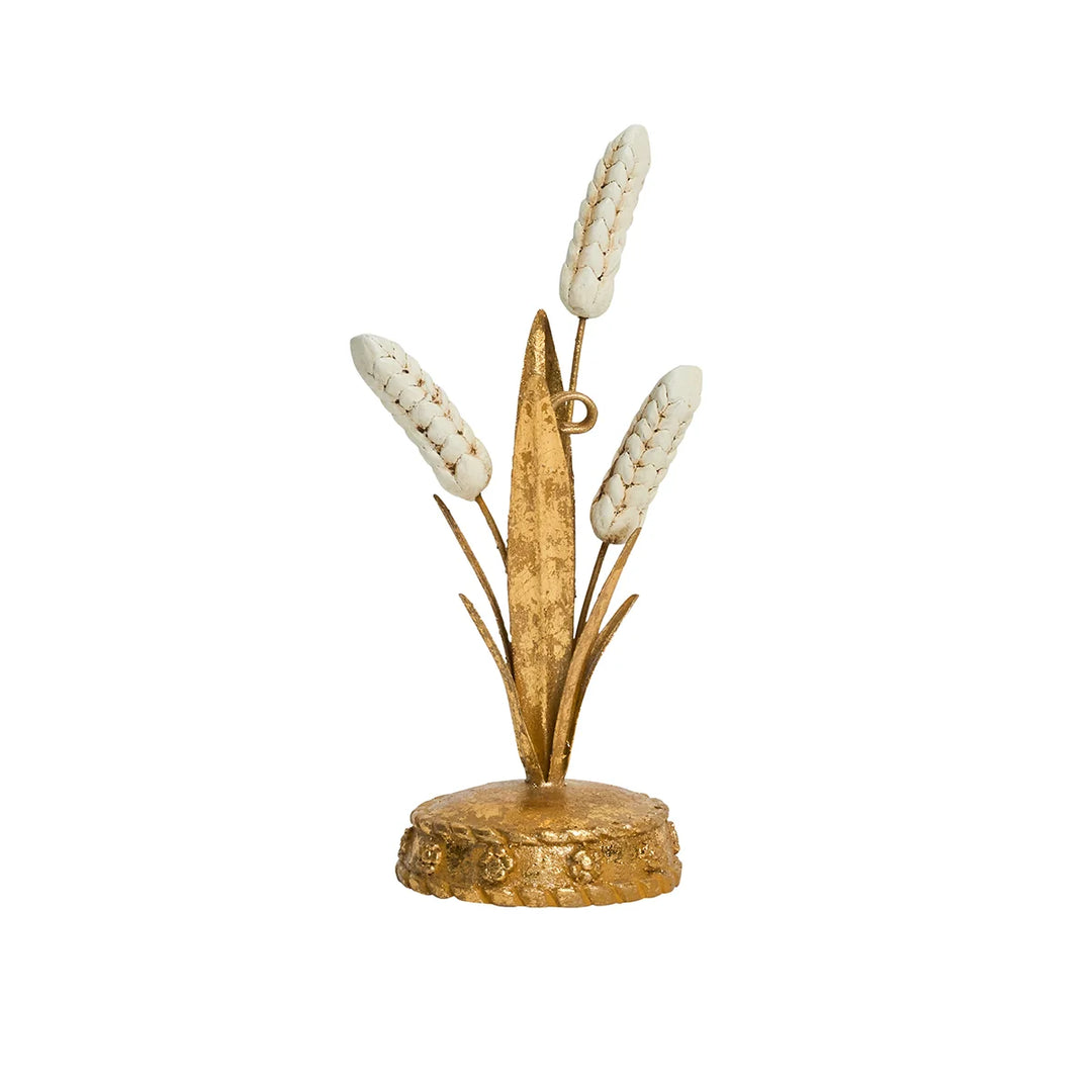Gold Wheat Place Card Holder featuring sculpted white wheat stalks, gold leaves and a decorative round gold base