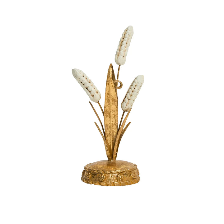 Gold Wheat Place Card Holder featuring sculpted white wheat stalks, gold leaves and a decorative round gold base