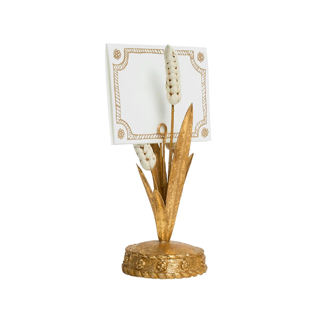 Side view of Gold Wheat Place Card Holder with white wheat stalk details, gold foliage and decorative base